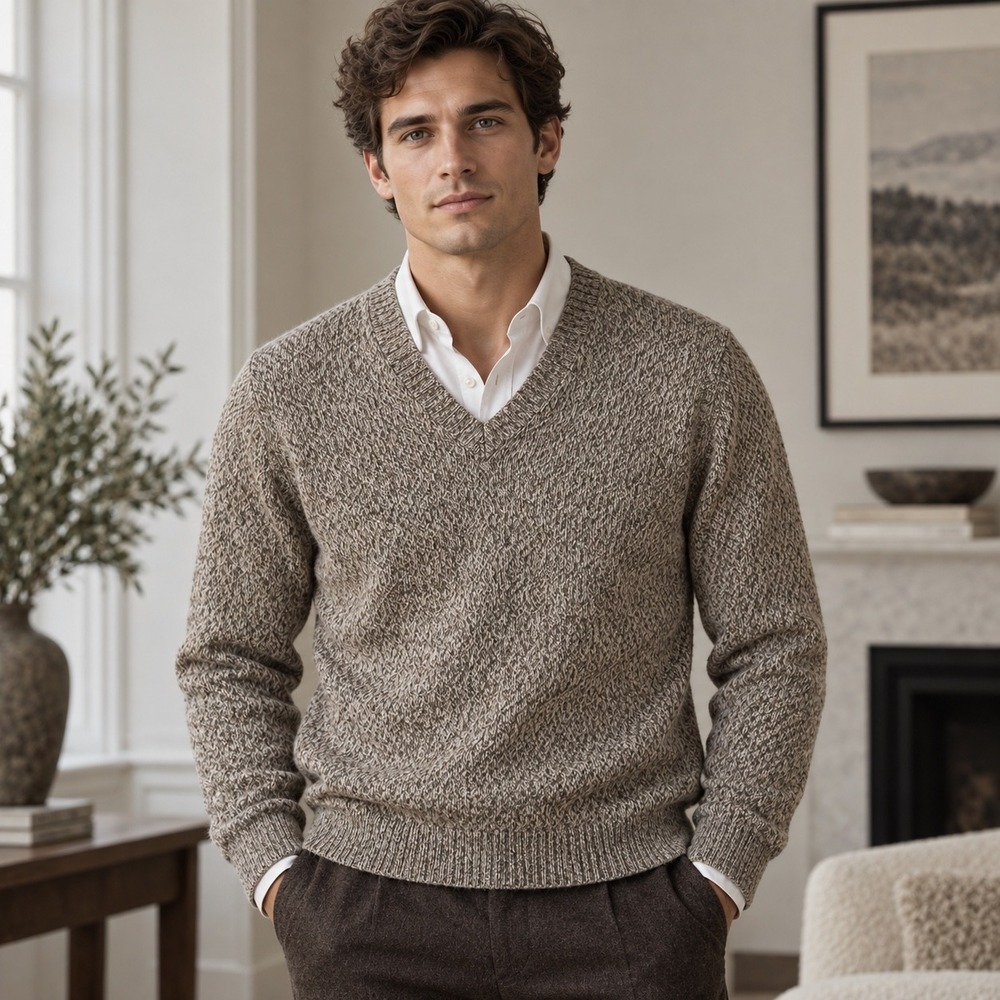 Peruvian Alpaca Sweater Mens XL Tan Marled V-Neck Knit Luxury Preppy Sustainable